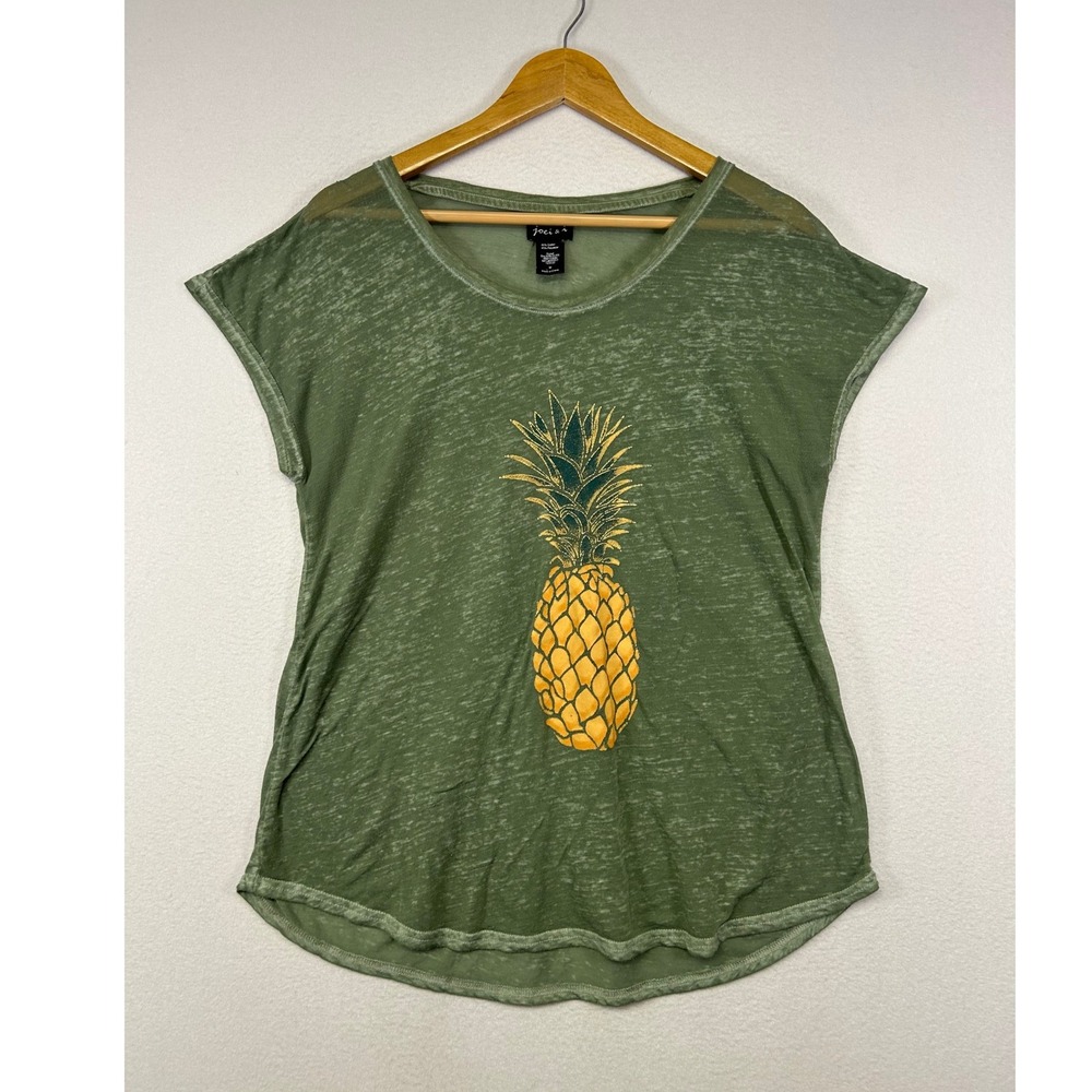 Tropical Boho Joei & I Womens Med Green Pineapple Burnout Graphic Cap Sleeve Tee